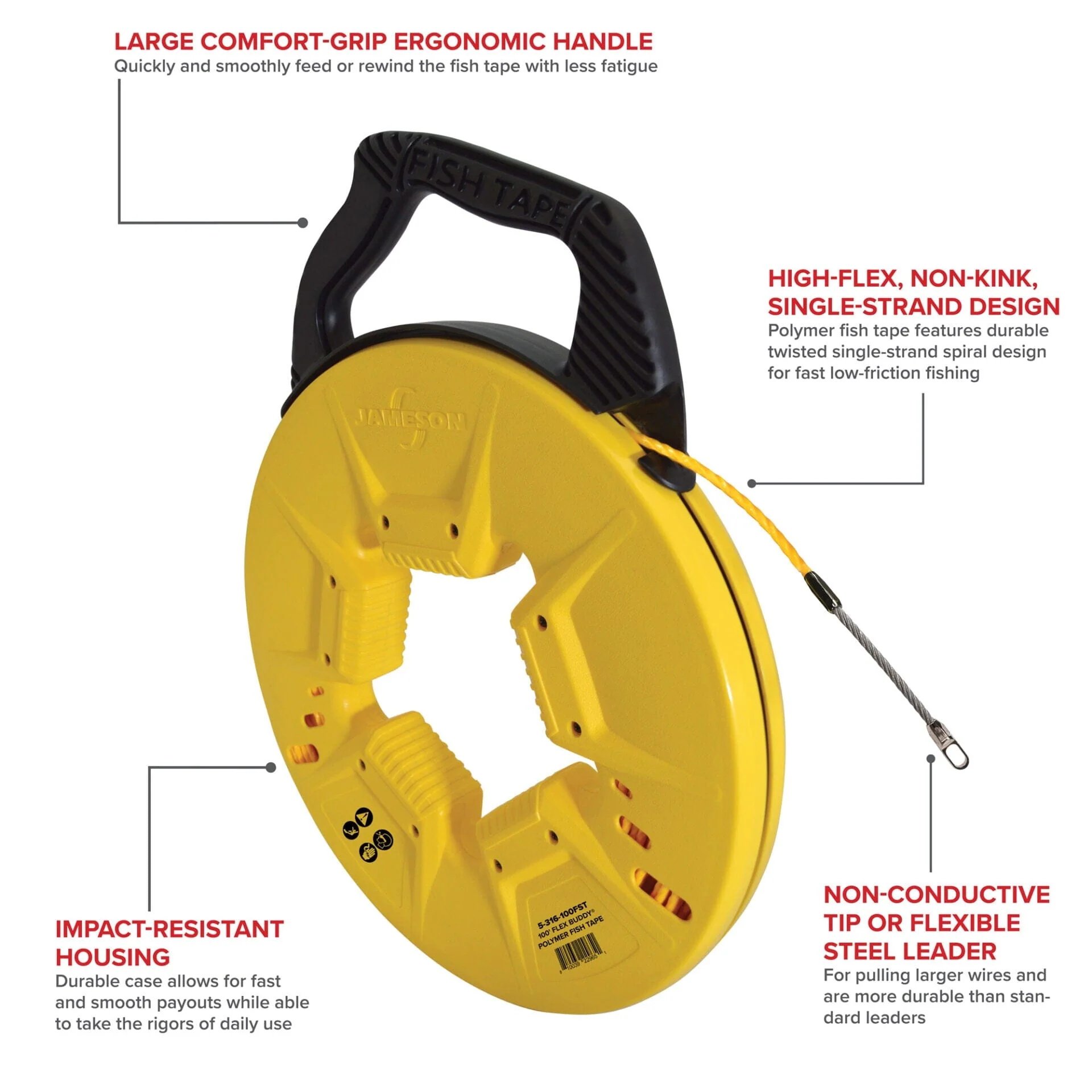 Jameson 100′ FLEX BUDDY™ Fish Tape w/Flexible Steel Leader Tip - Image 2