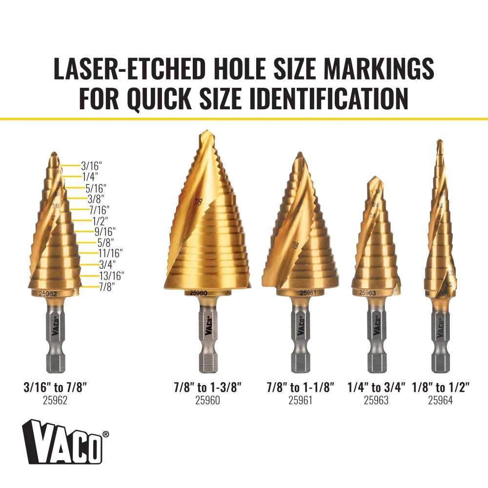 Klein 25962 Step Drill Bit, Spiral Double-Fluted, 3/16" to 7/8", VACO - Image 3