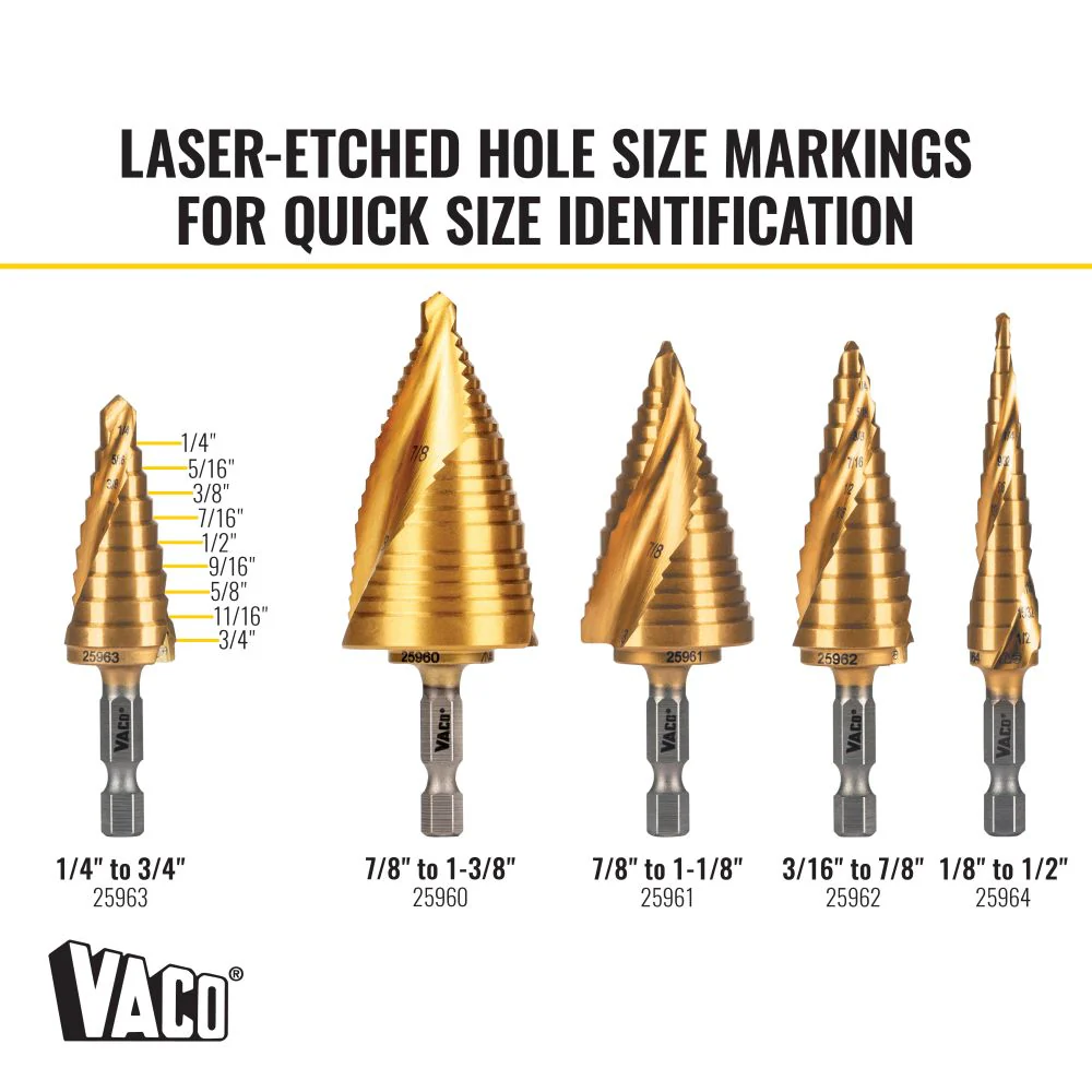 Klein 25963 Step Drill Bit, Spiral Double-Fluted, 1/4" to 3/4", VACO - Image 3