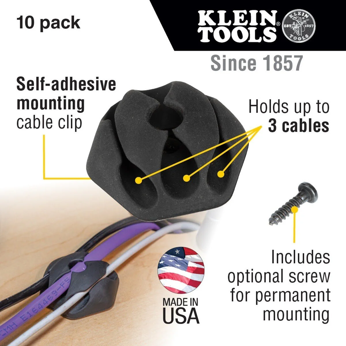 Klein 450-410 Self-Adhesive Cable Mounting Clips, 3-Slot (10 Pack) - Image 2