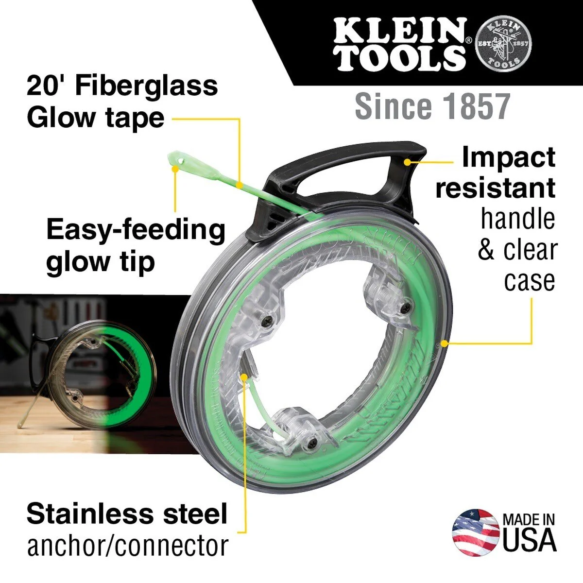 Klein 50550 Glow in the Dark Fiberglass Fish Tape with Clear Case and Nylon Glow Tip (20-Foot) - Image 2