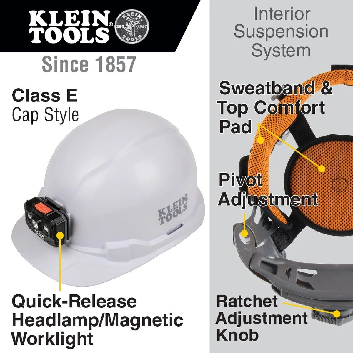 Klein 60107RL Hard Hat, Non-Vented, Cap Style with Rechargeable Headlamp, White - Image 2