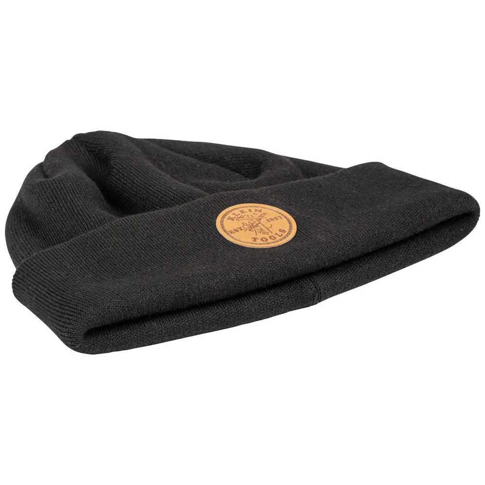 Klein 60569 Heavy Knit Hat, Black, Leather Logo - Image 4