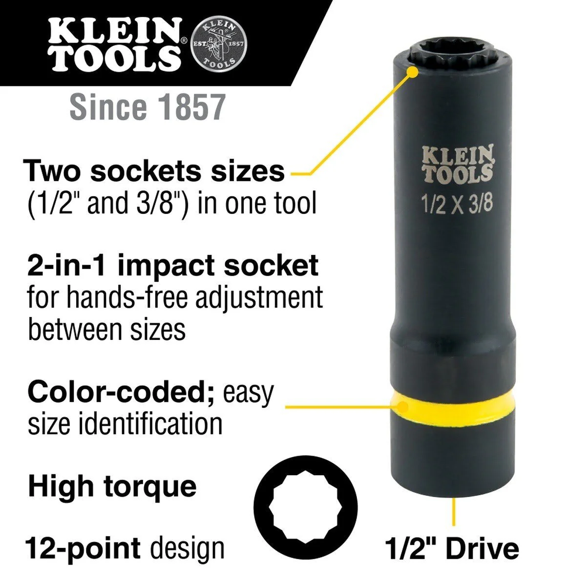 Klein 66011 2-in-1 12-Point Impact Socket, 1/2 in. and 3/8 in. Sizes - Image 2