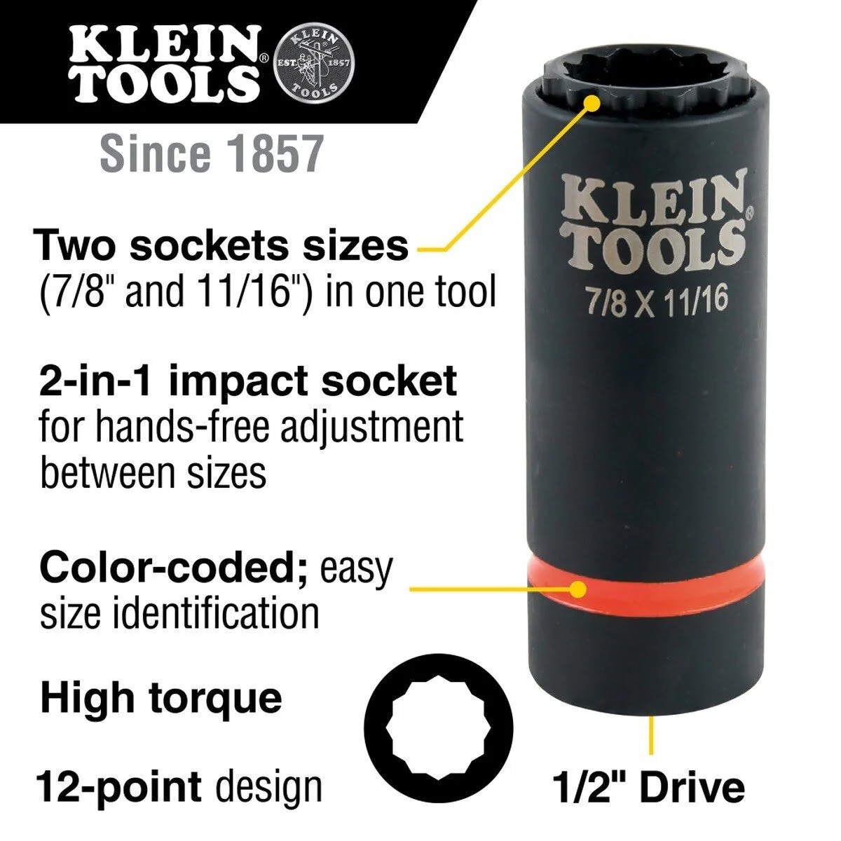 Klein 66014 2-in-1 12-Point Impact Socket, 7/8 in. x 11/16 in., 1/2 in. Drive (Each) - Image 2