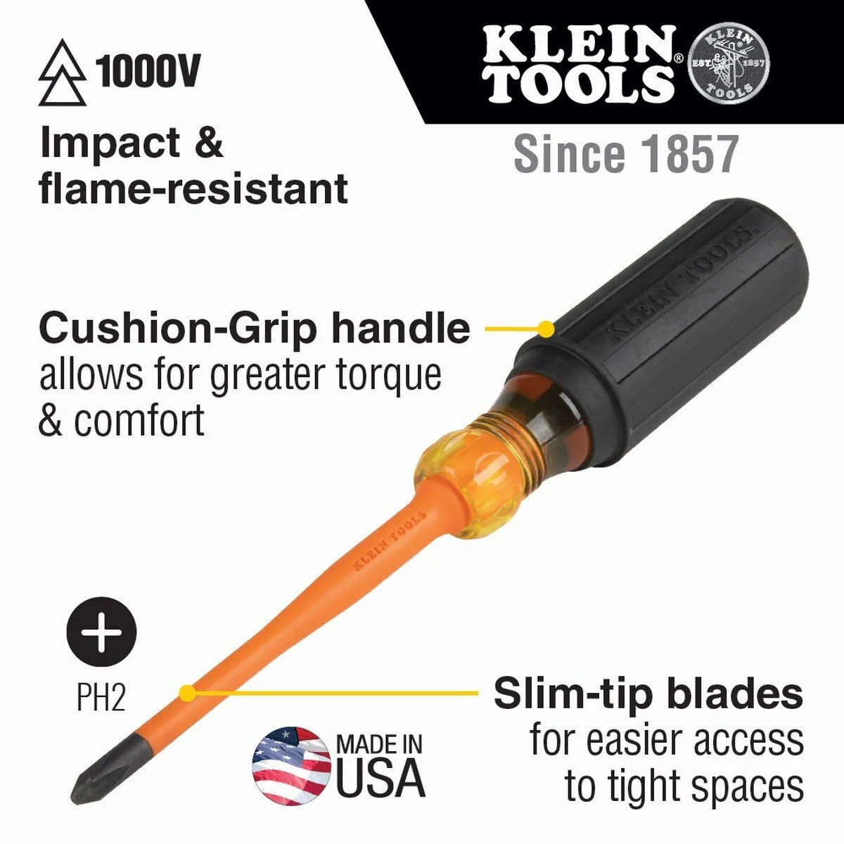 Klein 6936INS Slim-Tip 1000V Insulated #2 Phillips Screwdriver, 6-Inch Round Shank - Image 2