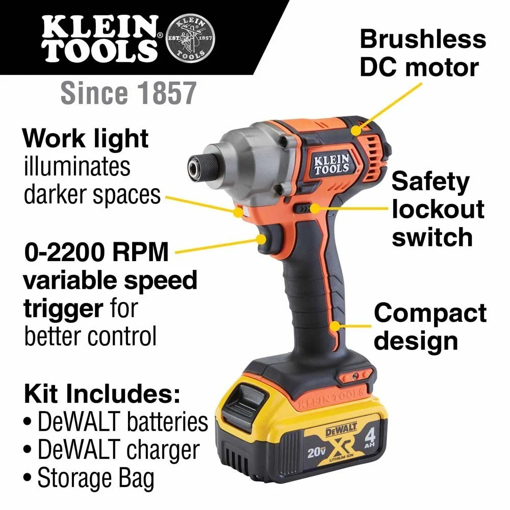 Klein BAT20CD1 Battery-Operated Compact Impact Driver, 1/4-Inch Hex Drive, Full Kit - Image 2