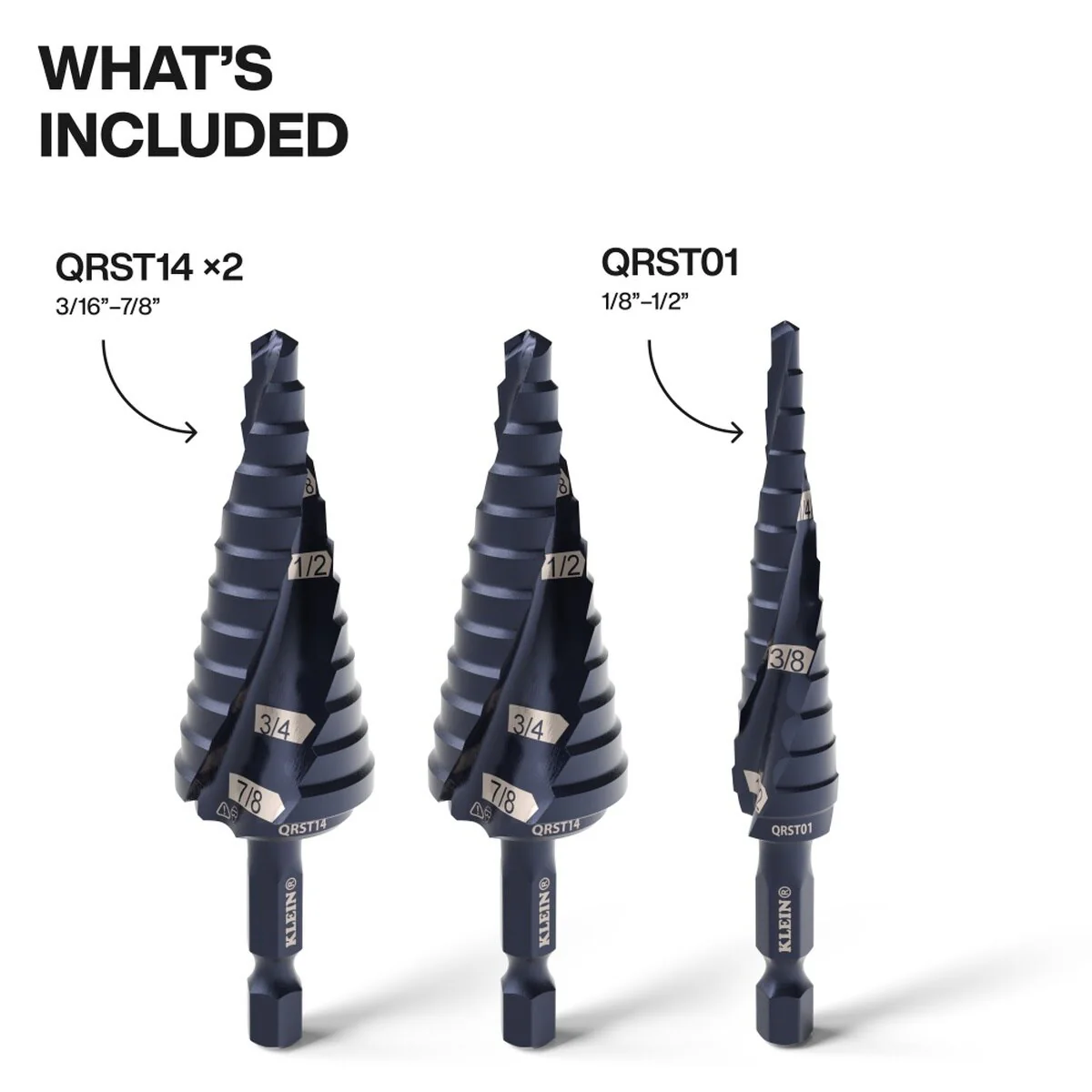 Klein QRST2S Step Drill Bit Set, Quick-Release, Straight, Double Fluted (3 Piece) - Image 2