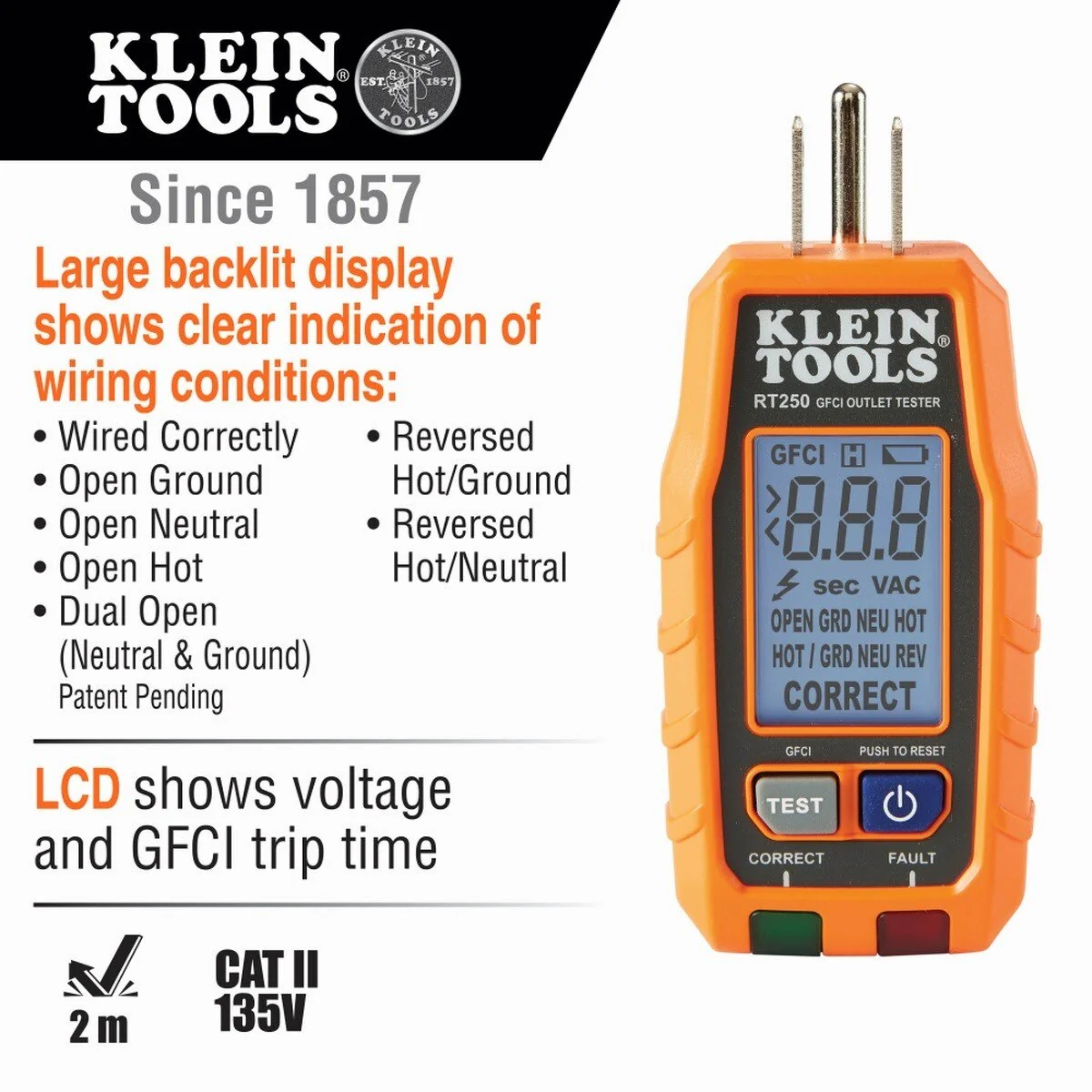 Klein RT250KIT Premium Dual-Range NCVT and GFCI Receptacle Tester Electrical Test Kit (4 x AAA Batteries) - Image 2