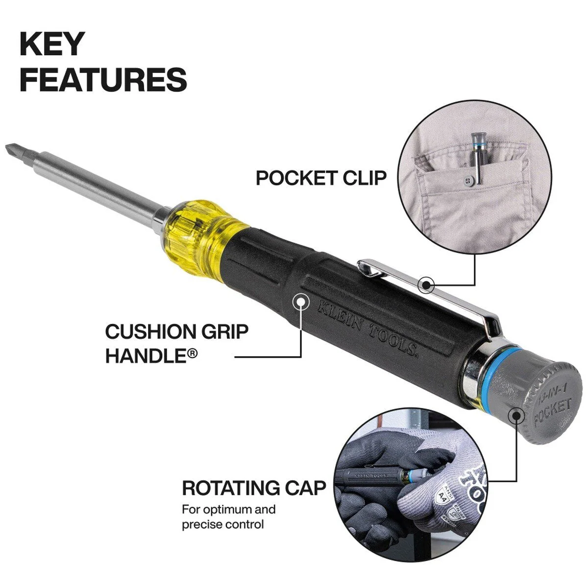 Klein Tools 32611P 13-in-1 Multi-Bit Pocket Precision Screwdriver with Spin Cap and Cushion-Grip Handle (1 Piece) - Image 3
