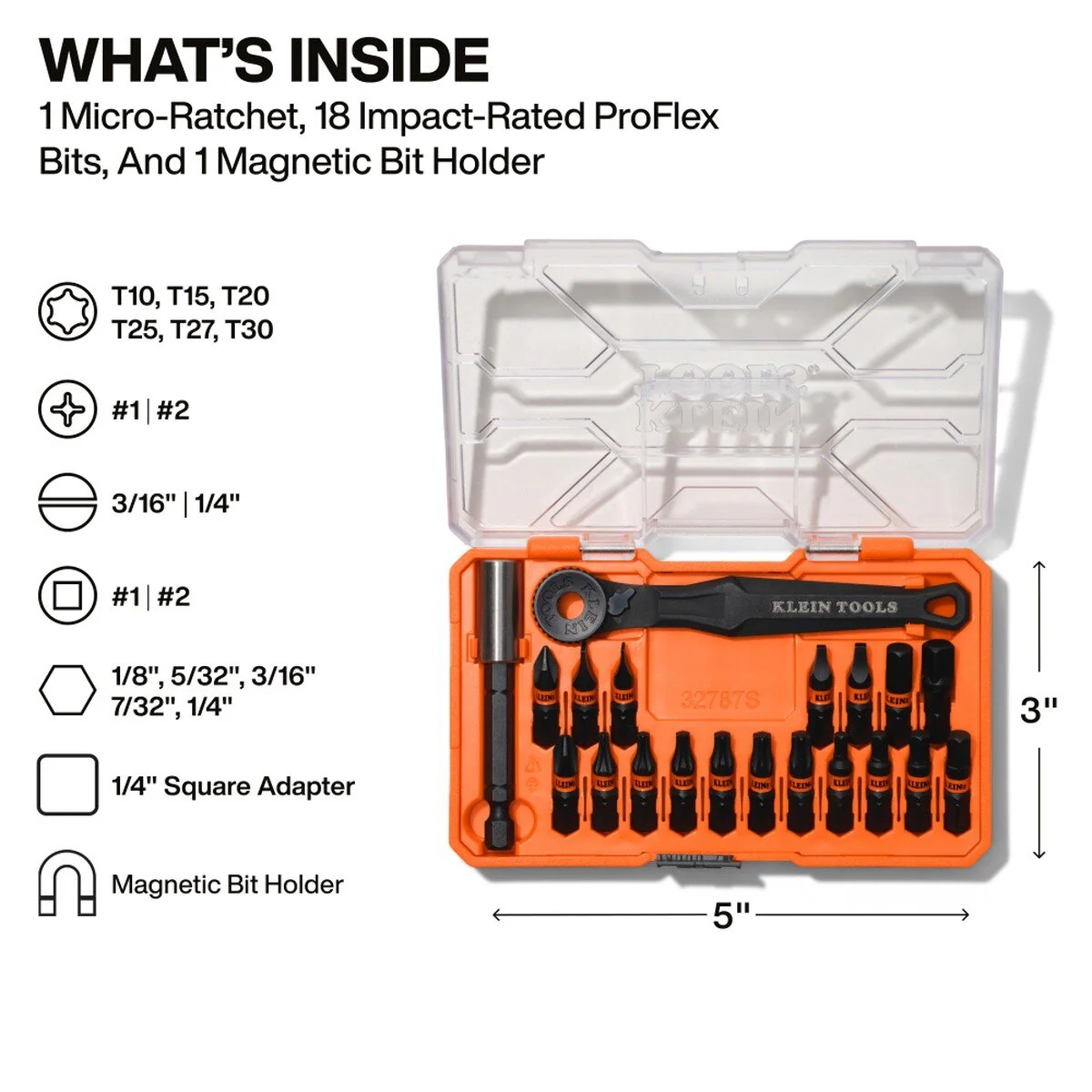 Klein Tools 32787S ProFlex micro ratchet impact bit set with magnetic bit holder and slim case (20 Piece) - Image 2