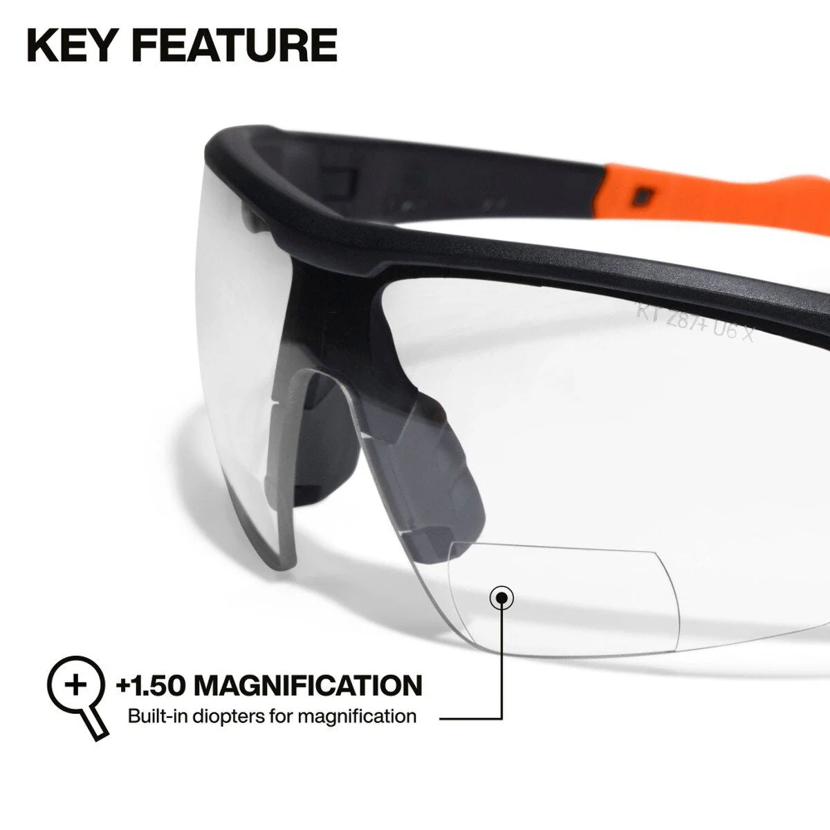 Klein Tools 3614 Bifocal Safety Glasses +1.50 Diopters, Anti-Fog Clear Lens, Black/Orange Frame (1 Pack) - Image 2