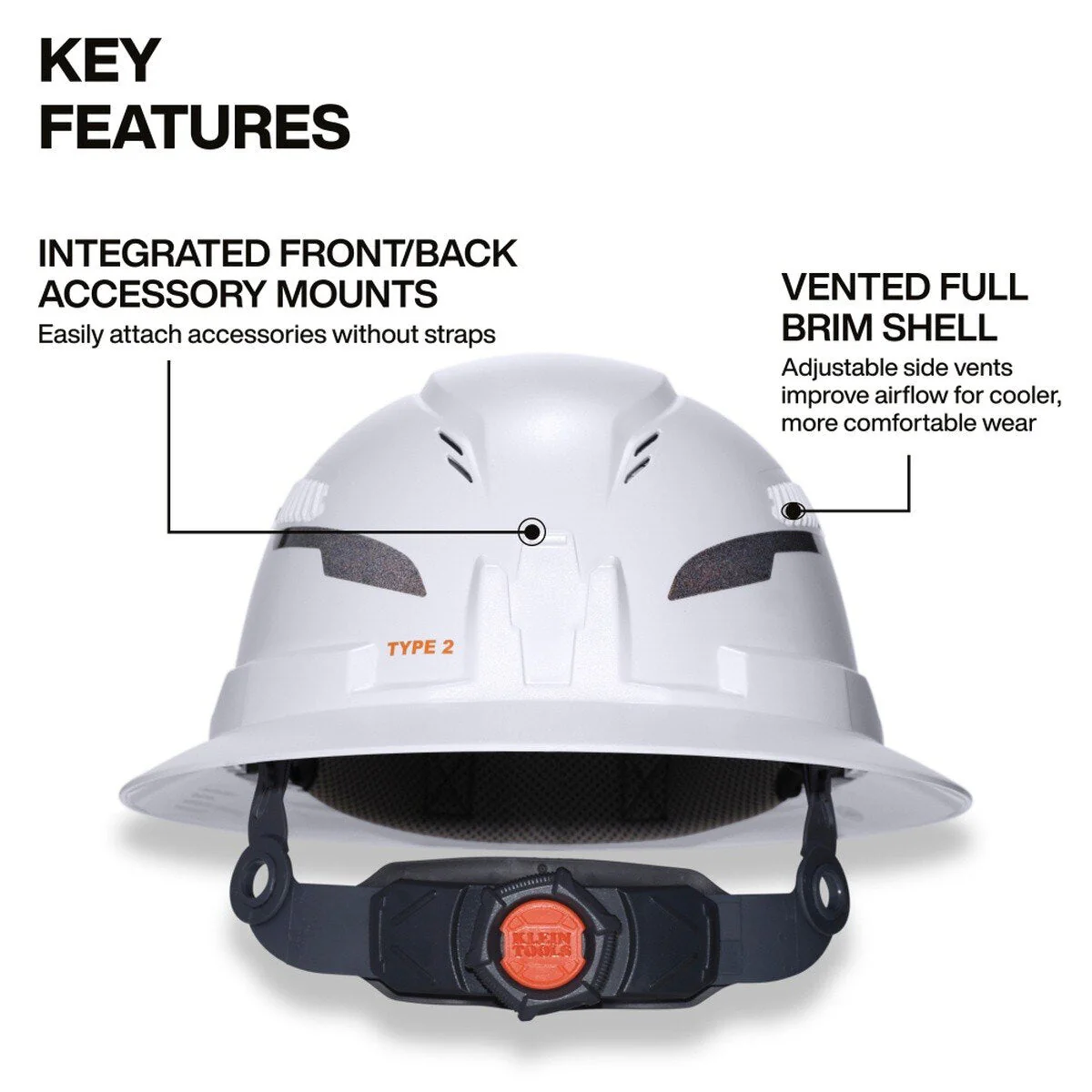 Klein Tools 60407T2RL Type 2 Vented Full Brim Hard Hat with Rechargeable Headlamp, White - Image 2
