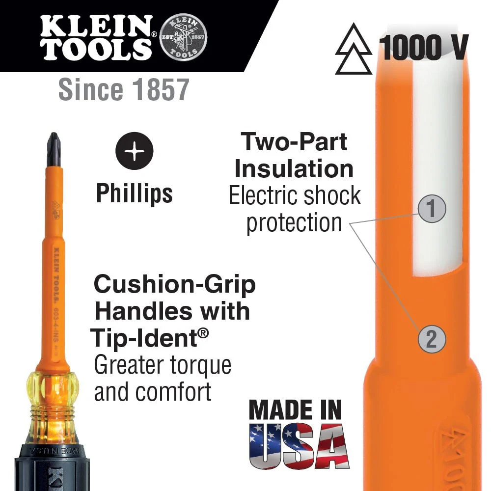 Klein Tools 6334INS Insulated Screwdriver, #1 Phillips Tip, 4" - Image 2