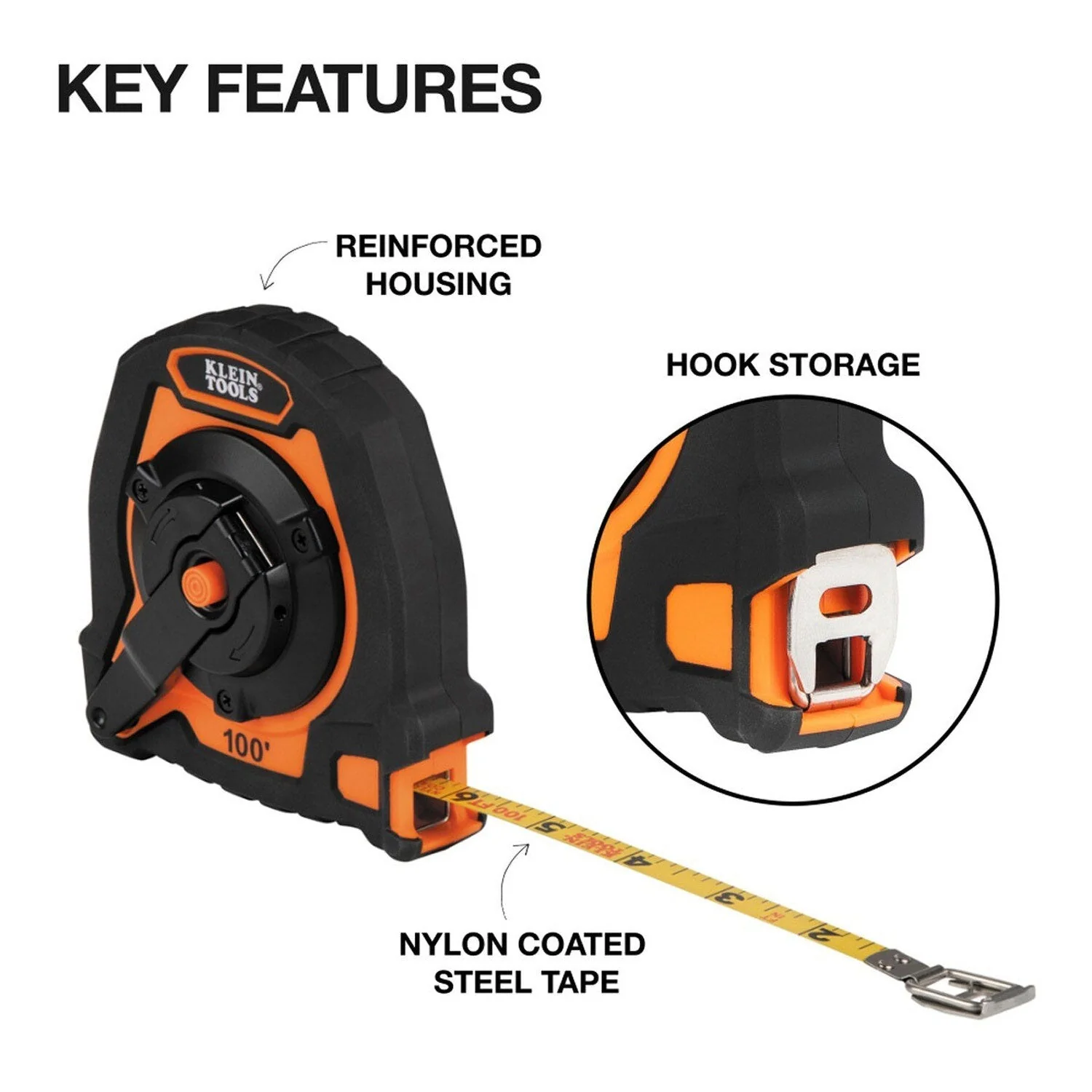Klein Tools 94100CR Closed Reel Long Tape Measure with 3:1 Gear Ratio and Nylon Coated Steel Tape (100-Foot) - Image 2