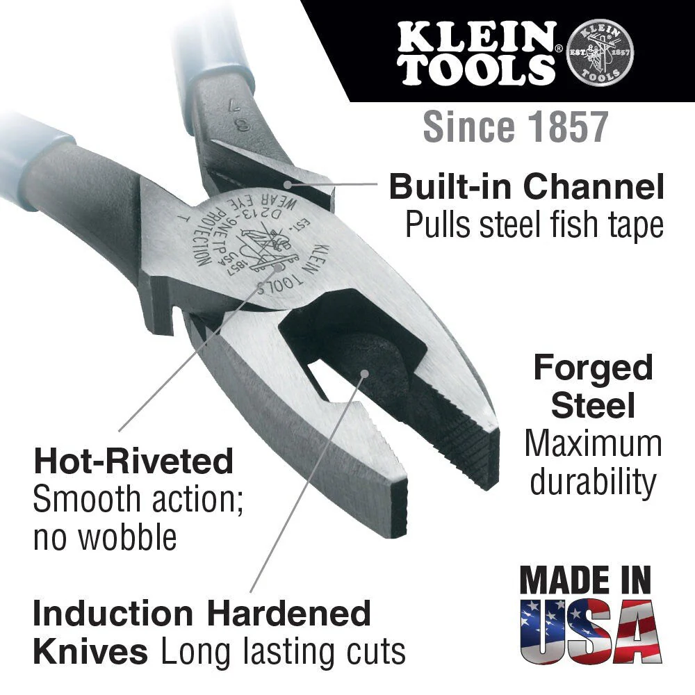Klein Tools D2000-9NETP Lineman's Pliers, Fish Tape Pulling, 9" - Image 2