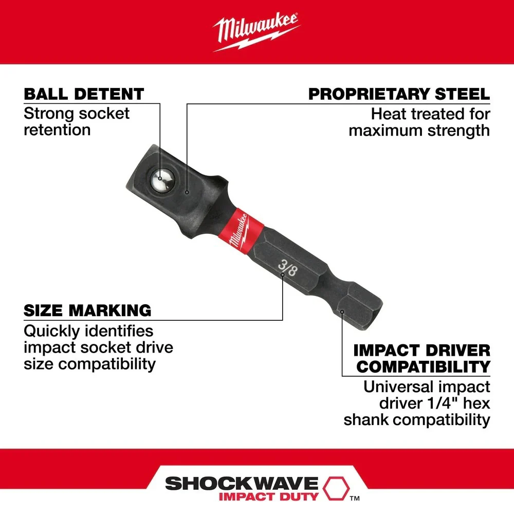 SHOCKWAVE 1/4" Hex to 3/8" Square Socket Adapter - Image 3