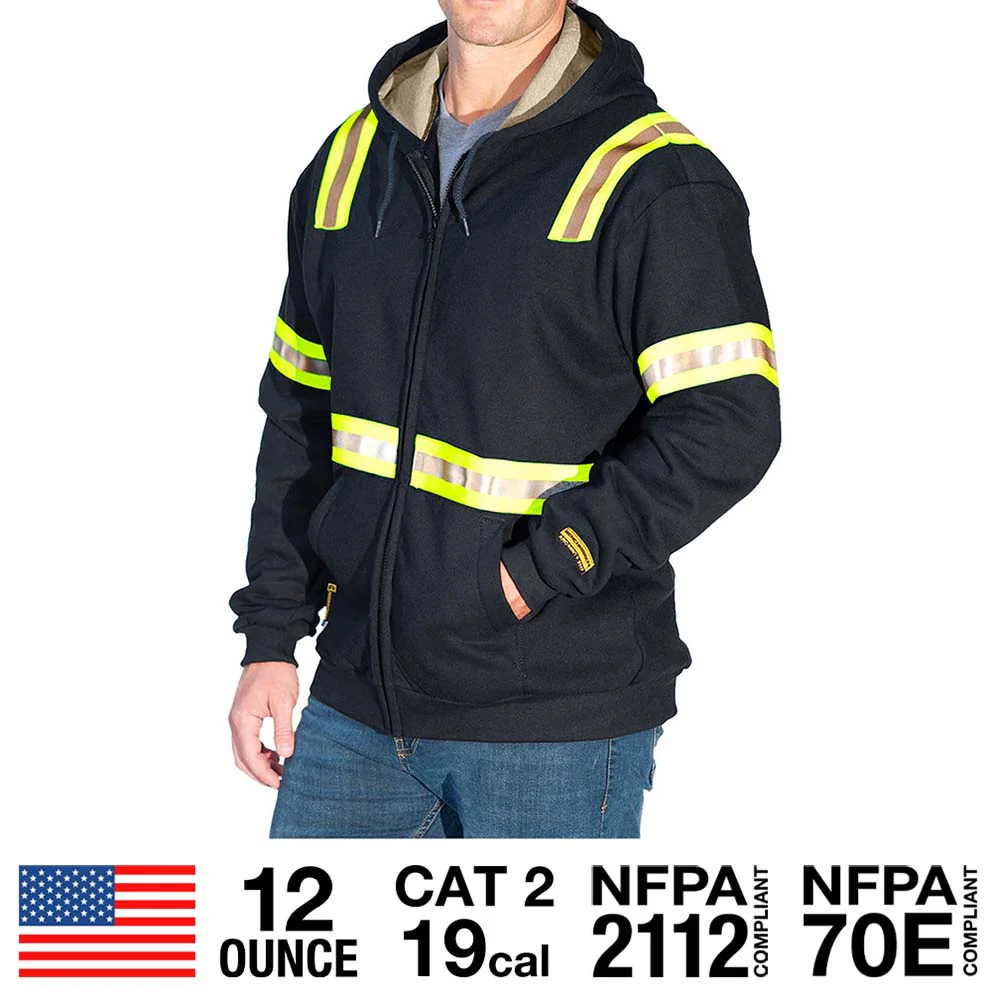 Zip Up Black FR Hoodie With HiVis Striping